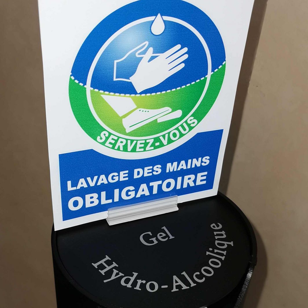 Decorpeint distributeur de gel hydroalcoolique sur pied panneau